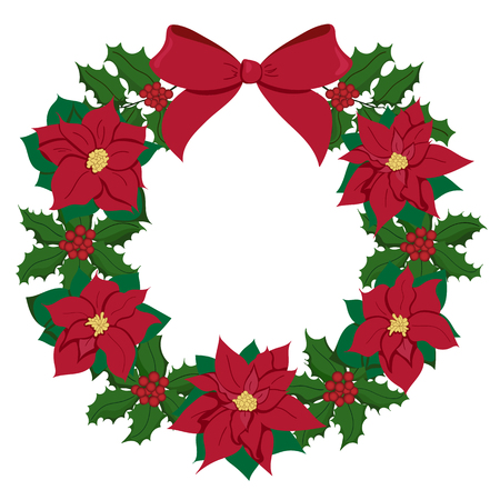 Christmas wreath with red poinsettia and holly. Holiday Decorations with red and green foliage. Christmas, New Year, Sylwester greeting card, invitation, postcard, print vector illustration.のイラスト素材