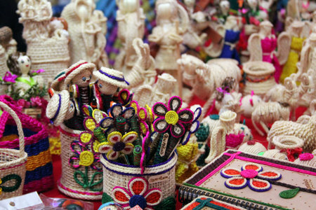 Colorful handmade handicrafts for sale in a souvenir shop. Mexican handicrafts.
