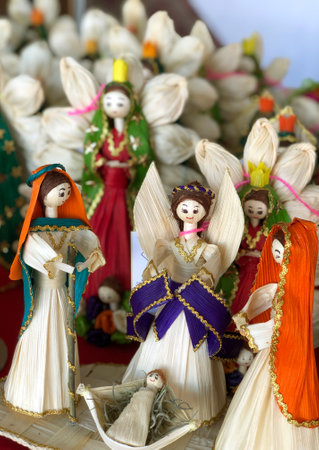Closeup of a group of traditional Christmas ornaments on display at a marketの写真素材