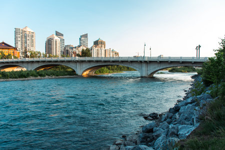Bridges over the river in the city of Calgary, Alberta in Canada.の写真素材