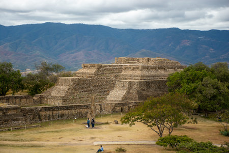 Beautiful view on a cloudy day at the archaeological site of Monte Alban, Oaxaca.の写真素材