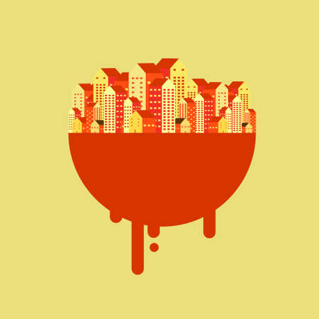 city or urbanscape flat design vector illustration. scene about cityscape building with sun at afternoon. wallpaper, environmental, global warming, pollution issue, thermal, climate change, posterのイラスト素材