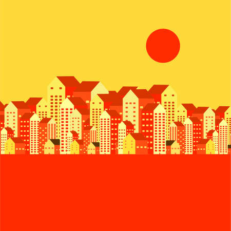 city or urbanscape flat design vector illustration. scene about cityscape building with sun at afternoon. wallpaper, environmental, global warming, pollution issue, thermal, climate change, posterのイラスト素材