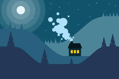 Mountains and hills at night landscape flat design. A mountain group and hills at night- Flat design landscape, Hill background with house at fullmoon can use for wallpaper, background, card, websiteのイラスト素材