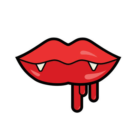 Red female lips with vampire fangs isolated on white background, illustration. Pattern for halloween, Dracula lipsのイラスト素材