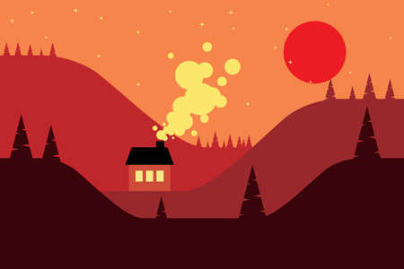 Mountains and hills at night landscape flat design. A mountain group and hills at night- Flat design landscape, Hill background with house at fullmoon can use for wallpaper, background, card, websiteのイラスト素材