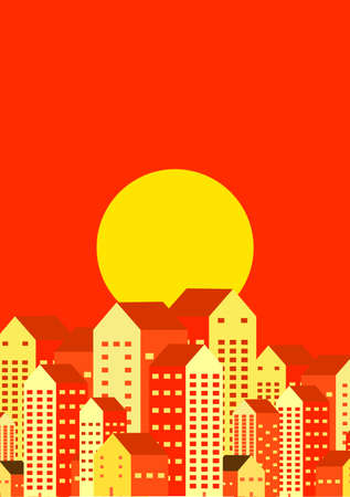 city or urbanscape flat design vector illustration. scene about cityscape building with sun at afternoon. wallpaper, environmental, global warming, pollution issue, thermal, climate change, posterのイラスト素材