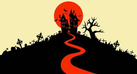 Vector illustration, Flat Style, Halloween background, the vampire castle silhouette located on a hill between the cemeteries at full moon, tombstone, dracula, graveyard, cross, jack o lantern, scaryのイラスト素材