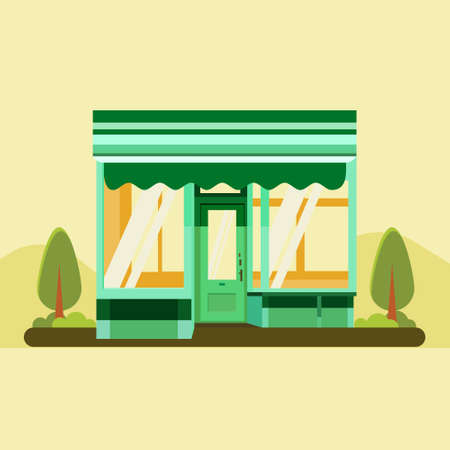Shop, market store, coffee shop, bakery, barbershop or cafe flat design .Cute flat design store building vector illustration. Facade building with plantのイラスト素材