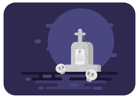 Halloween. Flat. Halloween. Vector illustration on a color background. Flat design style. Stone tombstone stands on ground with grave. Skull on stone. Detail cemetery.のイラスト素材