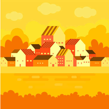 village and hills flat landscape.Flat design rural landscape illustration with a country house, arable land, hills and mountains.  village scene country side viewのイラスト素材