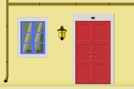 The facade of the house with a door and a window. Flat design, illustrationのイラスト素材