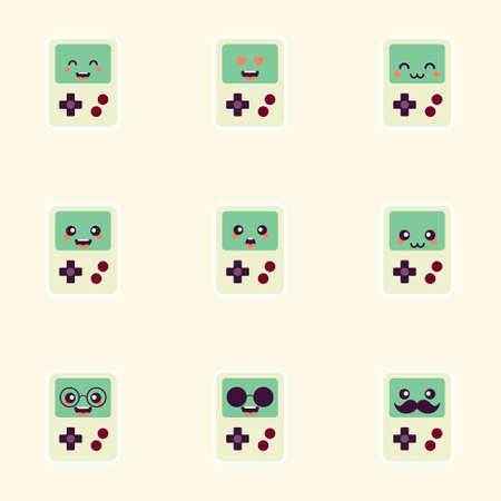 Portable Video game. Cute Game Console Vector Illustration. Gaming Mascot. Character. Old Game Retro.のイラスト素材