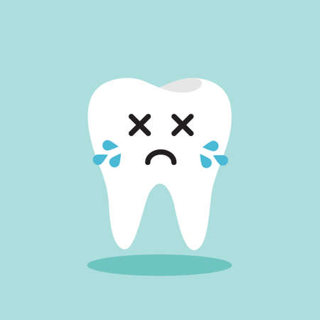 tooth character in flat style vector illustration. White teeth and flat dental icons. Cute vector characters. Illustration for children dentistry about toothache and treatment.のイラスト素材