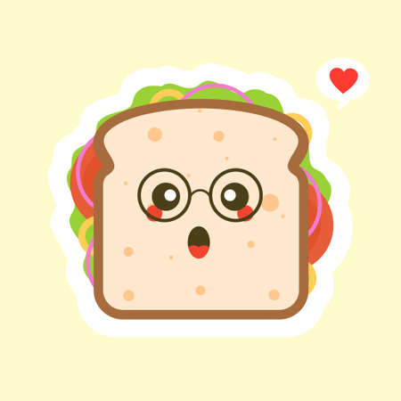 cute and kawaii of sandwich bread character with vegetables. breakfast. slice cheese sandwich with tomato, lettuce & bacon, sausage flat design style. tasty & Appetizing vegetarian food.のイラスト素材