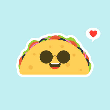 Vector illustration with mexican tacos kawaii food. The tortilla is going to tacos. Cute cartoon illustration isolated on color background.のイラスト素材