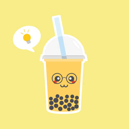 Cute Boba bubble milk tea with tapioca. Pearl milk tea, black delicious pearls is Taiwanese famous. Popular drink. Vector illustration sketch. Character Cartoon. Cute Sticker. Kawaii cartoon Emoji.のイラスト素材