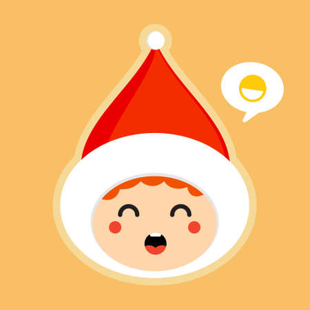cute cartoon christmas children. Boy with santa hat vector illustration in flat style . kawaii mascot for christmas, winter, new year, web, or greeting cards,のイラスト素材