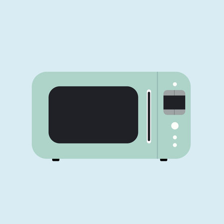 Kitchenware microwave oven flat icon. Flat illustration of modern microwave vector. Household appliance to heat and defrost food, for cooking, with timer and buttonsのイラスト素材