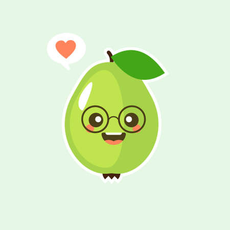 Happy guava fruit with cute kawaii faces, cute vegetable characters with phrases, tropical fruit design isolated color backgroundのイラスト素材