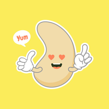 cute and kawaii cashew kidney shape nut flat cartoon character. Vector bean with head and eyes,...