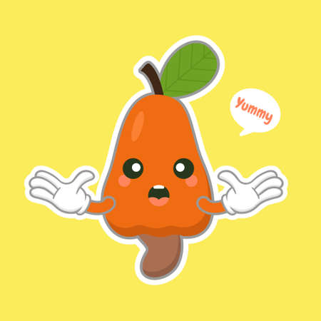 cute and kawaii cashew fruit character. cashew nut and fruit with leaf woodcutのイラスト素材