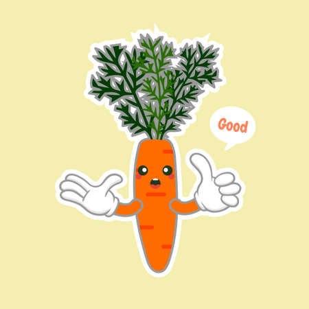 Carrot cartoon character isolated on color background. Healthy food funny mascot vector illustration in flat design. food, vegan, vegetarian, and vegetable concept.Orange carrot logo iconのイラスト素材