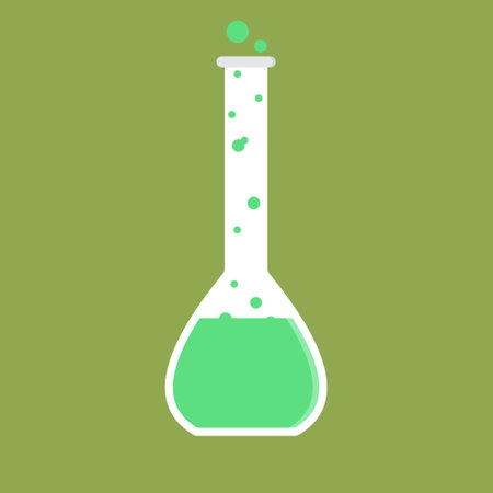 kawaii and cute character volumetric flask chemical flat design vector illustration. Science experiment, research laboratory elements flat style.のイラスト素材