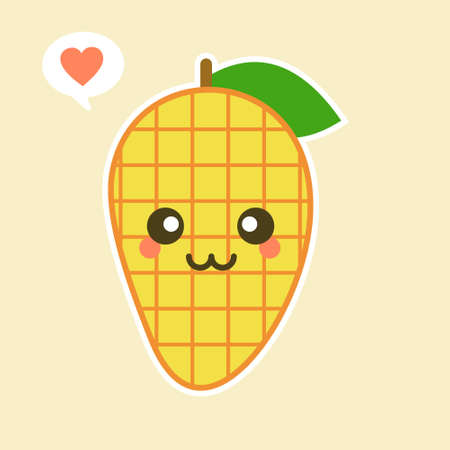 Cute and kawaii Flat Cartoon Mango Illustration. Vector illustration of cute mango with smilling expression. Cute mango mascot designのイラスト素材