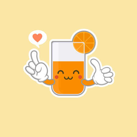 cute and kawaii orange juice cartoon character. colorful fancy drink character. Glass of fresh orange juice.のイラスト素材