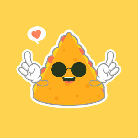 cute and kawaii quesadilla character. mexican food flat design illustration. Hand drawn cute emoji. Vector flat emoticon illustration of Mexican fast food. Spices traditional foodのイラスト素材