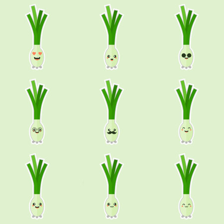 Cute cartoon spring onion with face. Funny illustration of a happy vegetable. Vector scallions character and hand lettering. Childish style design, positive poster, shirt, card, wall printのイラスト素材