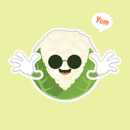 cute and kawaii cauliflower. Funny and healthy food. Vitamins contained in cauliflower. Food with cute face. Vector cartoon. healthy food, vegetables vector icon , vegetarian vegan conceptのイラスト素材
