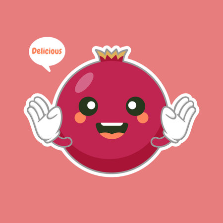 Cute and kawaii pomegranate cartoon character isolated on color background vector illustration. Funny positive and friendly emoticon face icon. Happy smile cartoon face food emoji, comical fruitのイラスト素材