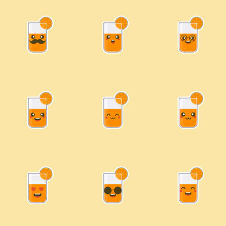 cute and kawaii orange juice cartoon character. colorful fancy drink character. Glass of fresh orange juice.のイラスト素材