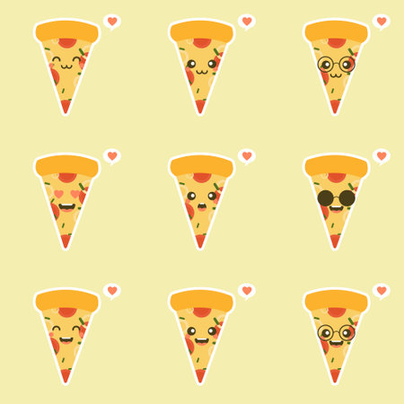Funny Pizza slice. Cute pizza character set isolated on color background . Fast food characters. can use in the menu, in the shop, in the bar, the card or stickers. Easy to edit.のイラスト素材