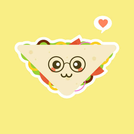 cute and kawaii of sandwich bread character with vegetables. breakfast. slice cheese sandwich with tomato, lettuce & bacon, sausage flat design style. tasty & Appetizing vegetarian food.のイラスト素材