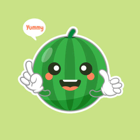 Cute and kawaii watermelon character emoticon . Summer fruit. Watermelon character emoji illustration. Healthy food funny mascot vector illustration in flat design.のイラスト素材