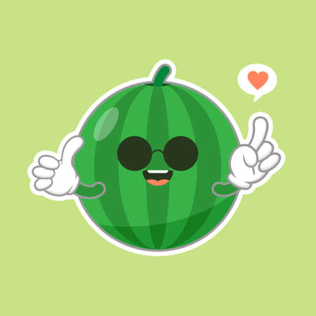 Cute and kawaii watermelon character emoticon . Summer fruit. Watermelon character emoji illustration. Healthy food funny mascot vector illustration in flat design.のイラスト素材