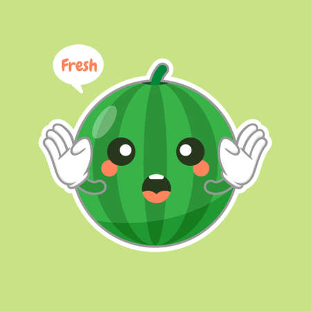 Cute and kawaii watermelon character emoticon . Summer fruit. Watermelon character emoji illustration. Healthy food funny mascot vector illustration in flat design.のイラスト素材