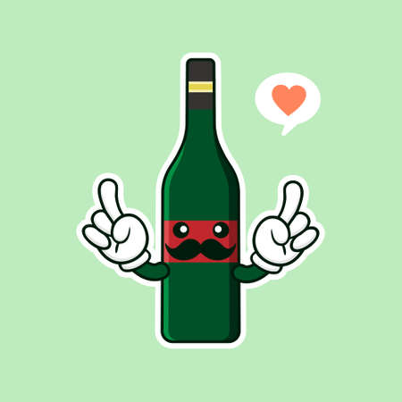 cute and kawaii wine bottle cartoon character flat style vector illustration. funky smiling glass wine bottle character design template for wine menu or wine mapのイラスト素材