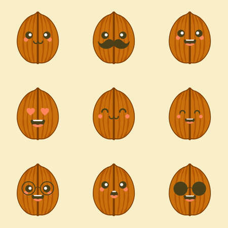 cute and kawaii walnut flat design vector illustration. walnut emoji, emoticon with many expression faceのイラスト素材