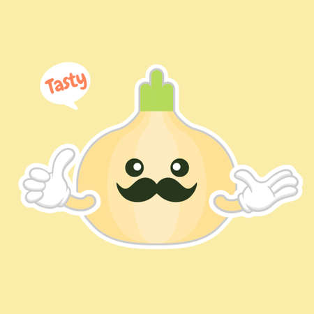 Onion. Cute vegetable vector character set isolated on color background. Funny and healthy food. Vitamins contained in onion. Food with cute face. Vector cartoon. Vector illustration of vegetable isolated.のイラスト素材