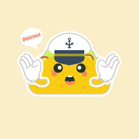 taco with navy hat character cute and kawaii delicious tacos with beef or chicken, meat sauce, green salad and red tomato. Taco for restaurant or cafe event design. mexican foodのイラスト素材