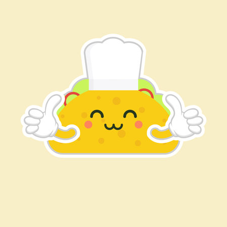 taco with chef hat character. cute and kawaii delicious tacos with beef or chicken, meat sauce, green salad and red tomato. Taco for restaurant or cafe event design. mexican foodのイラスト素材