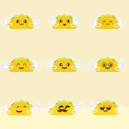 cute and kawaii delicious tacos with beef or chicken, meat sauce, green salad and red tomato. Taco for restaurant or cafe event design. mexican foodのイラスト素材