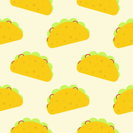 taco flat design seamless pattern. Vector illustration of art. Vintage background. Kitchen and restaurant design for fabrics, paper. Traditional Mexican food background. Tomato and fresh meat.のイラスト素材