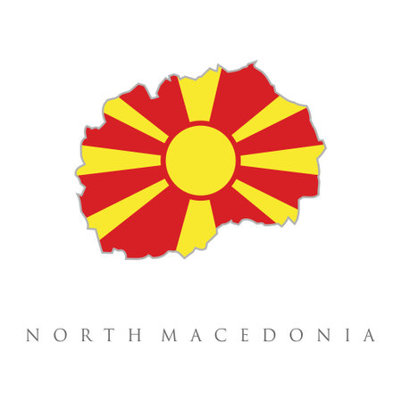 North Macedonia Map Flag Vector. Vector isolated simplified illustration icon of North Macedonia map. National Macedonian flag red, yellow colors White background. North Macedonia with national flag.のイラスト素材