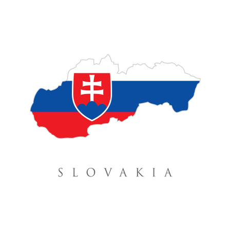 Map of Slovakia in Slovakia flag colors. Flag with coat of arms of the Slovak Republic. Slovakia vector map silhouette isolated on white background. Slovakia map flag with coat of arms symbol.のイラスト素材