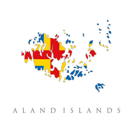 Map of Aland Islands. Scandinavian flag with a cross. Yellow blue red national symbol. Vector Illustration of the Flag Map of Finish Autonomous Region of Aland Islandsのイラスト素材
